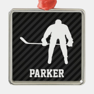 Hockey Player; Black & Dark Grey Stripes Metal Tree Decoration