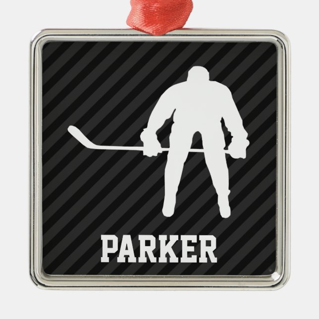 Hockey Player; Black & Dark Grey Stripes Metal Tree Decoration (Front)