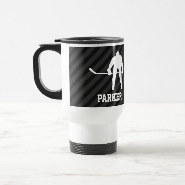 Hockey Player; Black & Dark Grey Stripes Travel Mug (Left)