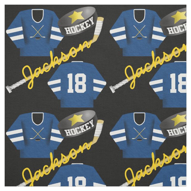 Hockey Player Jersey Puck and Stick Name Number Fabric (Swatch)