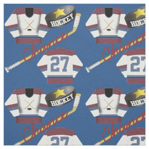Hockey Player Jersey Puck and Stick Name Number Fabric