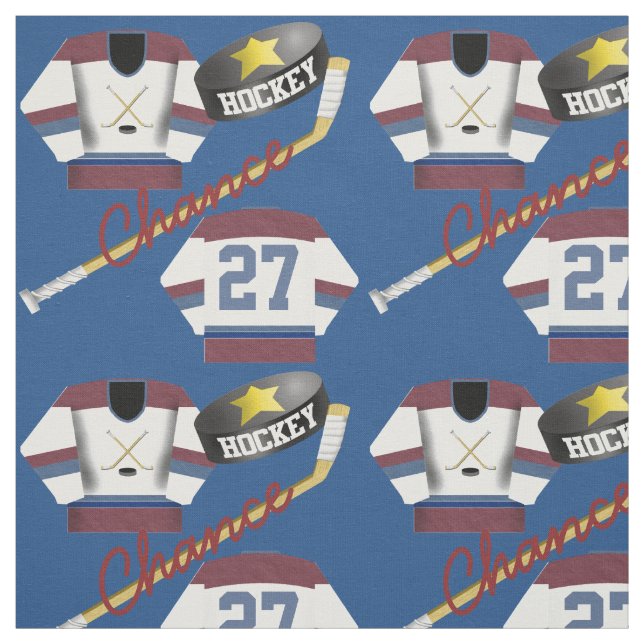 Hockey Player Jersey Puck and Stick Name Number Fabric (Swatch)