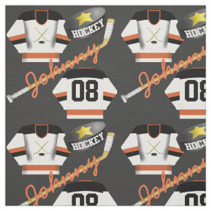 Hockey Player Jersey Puck and Stick Name Number Fabric