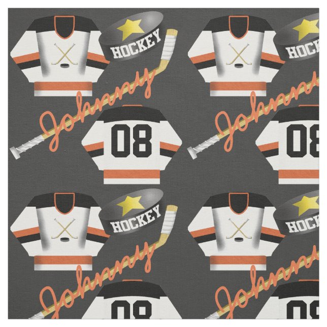 Hockey Player Jersey Puck and Stick Name Number Fabric (Swatch)