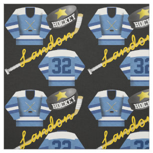Hockey Player Jersey Puck and Stick Name Number Fabric