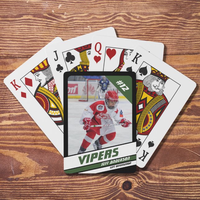 Hockey Player Keepsake On Vibrant Green Black Playing Cards (Capture ice hockey memories with sleek black and green playing cards. Great souvenir or gift idea!)