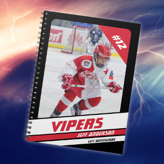 Hockey Player Keepsake On Vibrant Red Black Notebook