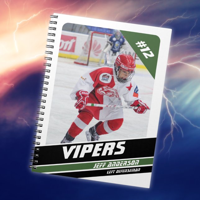 Hockey Player Keepsake On Vigourous Green White Notebook (Sleek white and green notebook featuring a young hockey player. Perfect for kids.)