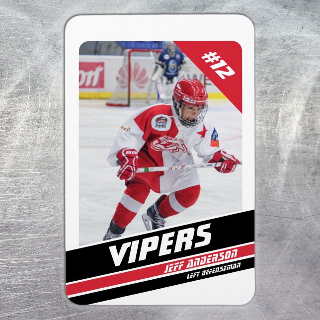 Hockey Player Keepsake On Vigourous Red White Magnet (Ice Hockey: Create your magnet with a striking white and red jersey, player image, and number.)