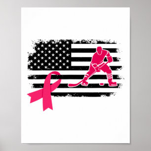 Hockey Player Pink Ribbon Usa Flag Breast Cancer A Poster
