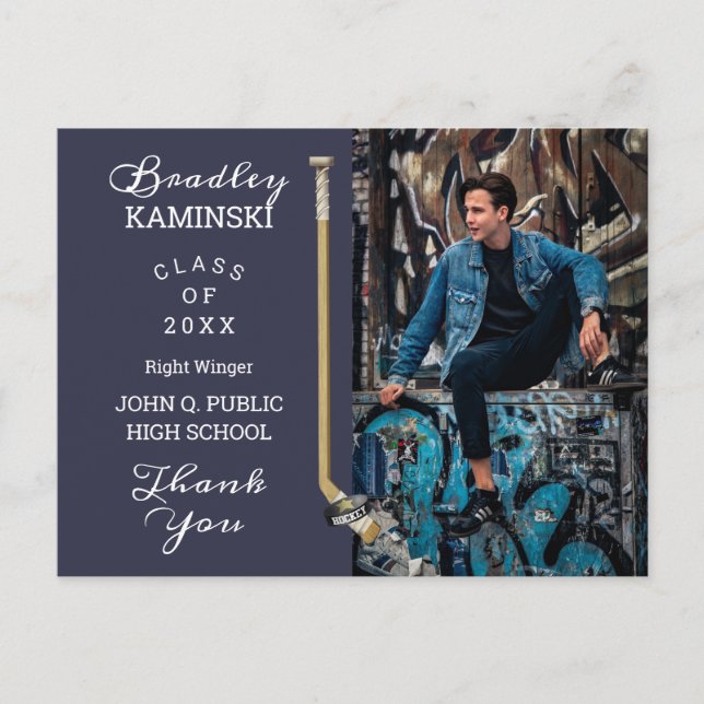 Hockey Player Sports Graduation Photo Thank You Po Postcard (Front)