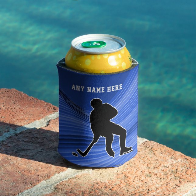 Hockey Pride player on blue background Personalise Can Cooler (In Situ Pool)