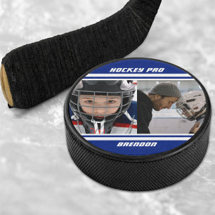 Hockey Pro Photo Collage Striped Blue & White Hockey Puck