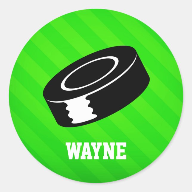 Hockey Puck; Neon Green Stripes Classic Round Sticker (Front)