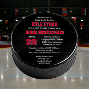 Hockey Puck Red White and Blue Bar Mitzvah Invitation
