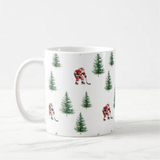 Hockey Santa and Pine Trees Christmas Coffee Mug