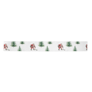 Hockey Santa and Pine Trees Christmas Wrapping  Satin Ribbon