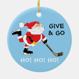 Hockey Santa Give and Go Ho! Ho! Ho! Christmas Ceramic Tree Decoration