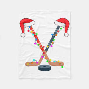 Hockey Santa Hat Christmas Lights Funny Sport Xmas Fleece Blanket