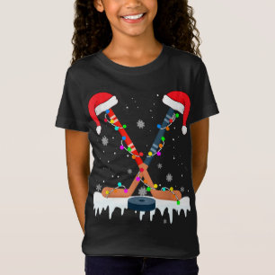 Hockey Santa Hat Christmas Lights Funny Sport Xmas T-Shirt