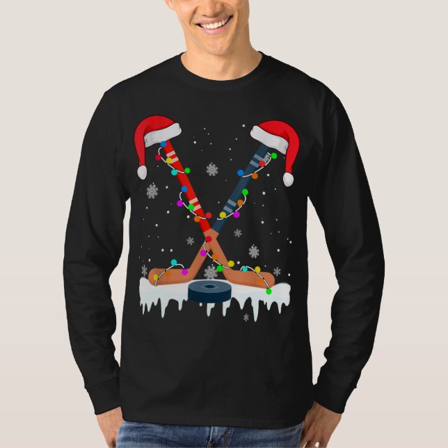 Hockey Santa Hat Christmas Lights Funny Sport Xmas T-Shirt (Front)