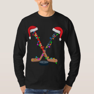Hockey Santa Hat Christmas Lights Funny Sport Xmas T-Shirt