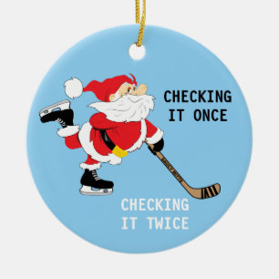 Hockey Santa Skating Checkin' It Once Christmas Ceramic Tree Decoration