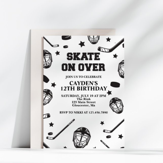 Hockey Skate on Over black and White Birthday Invitation (Creator Uploaded)