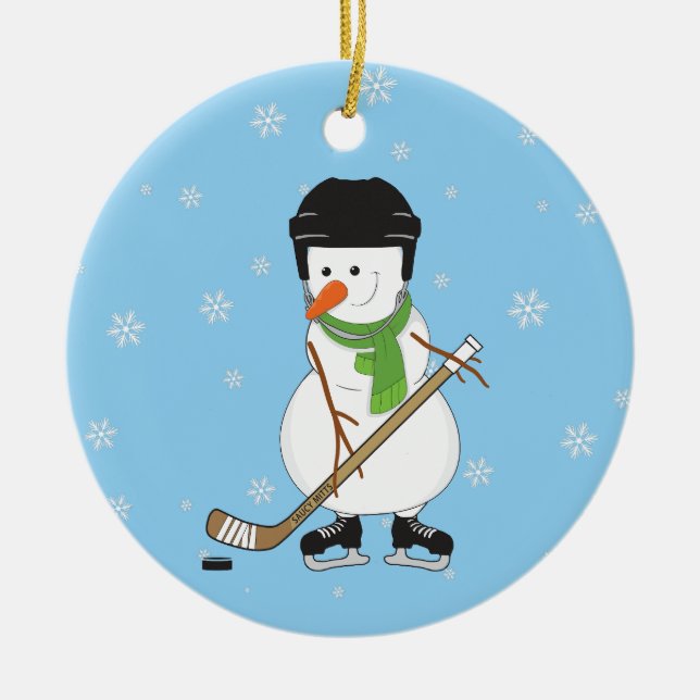 Hockey Snowman Christmas Decor Ceramic Tree Decoration (Front)