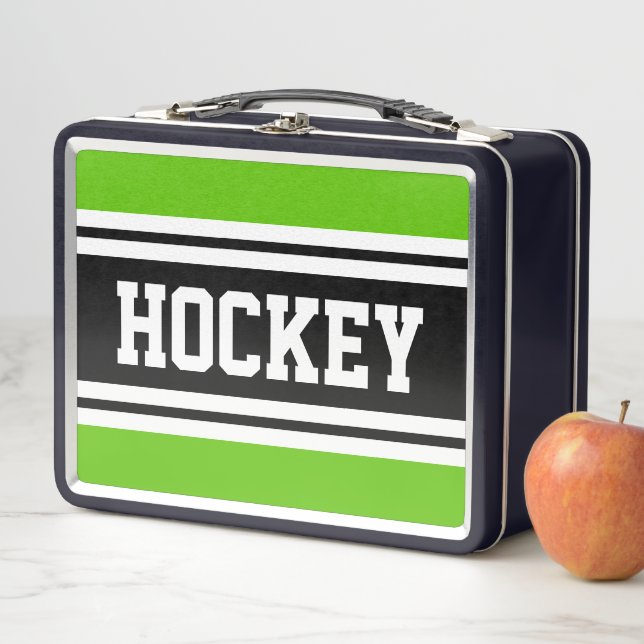 HOCKEY Sporty Black White Green Racing Stripes Metal Lunch Box (In Situ)