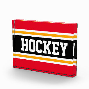 HOCKEY Sporty Bright Red Black Yellow Stripes Photo Block