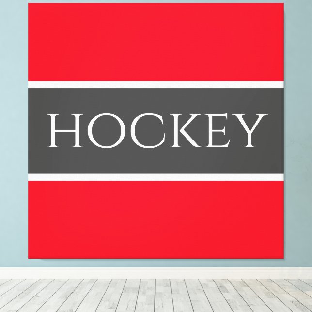 HOCKEY Sporty Bright Red White Dark Grey Stripes Canvas Print (Insitu(Wood Floor))