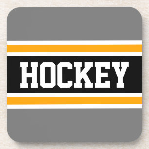 HOCKEY Sporty Grey Yellow Black White Stripes Coaster