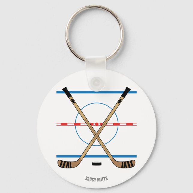 Hockey Sticks and Centre Ice Red Line Blue Line Key Ring (Front)