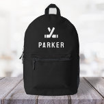 Hockey Sticks Motif Modern Black Name Printed Backpack<br><div class="desc">A custom design on a black background featuring crossed hockey sticks motif icon in white which can be easily replaced by uploading your own logo, image or motif! The personalised monogram name in white modern block typography can be replaced with your own name or custom text. The perfect gift or...</div>