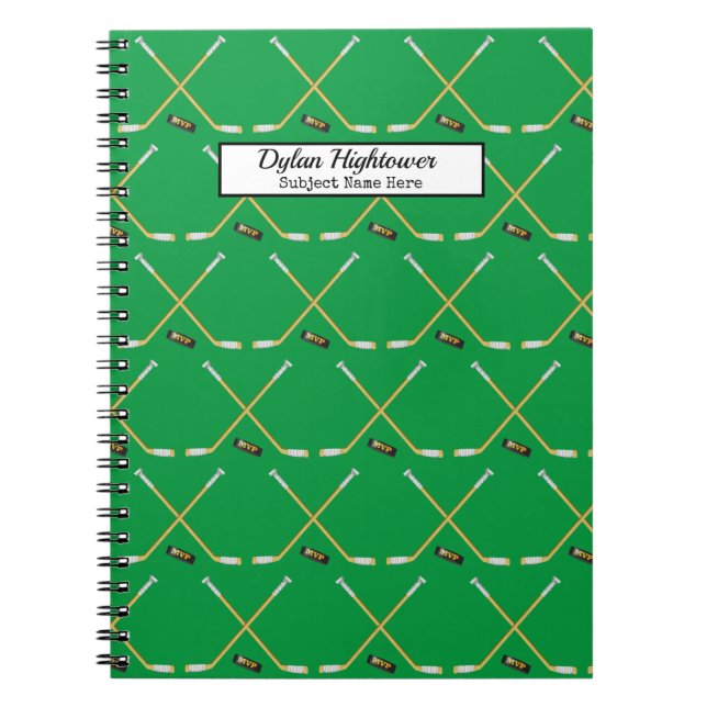Hockey Sticks | MVP Puck Pattern Green Name Notebook (Front)