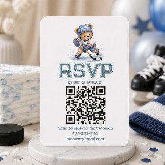 Hockey Teddy Bear Baby Shower QR Code RSVP Encl Enclosure Card