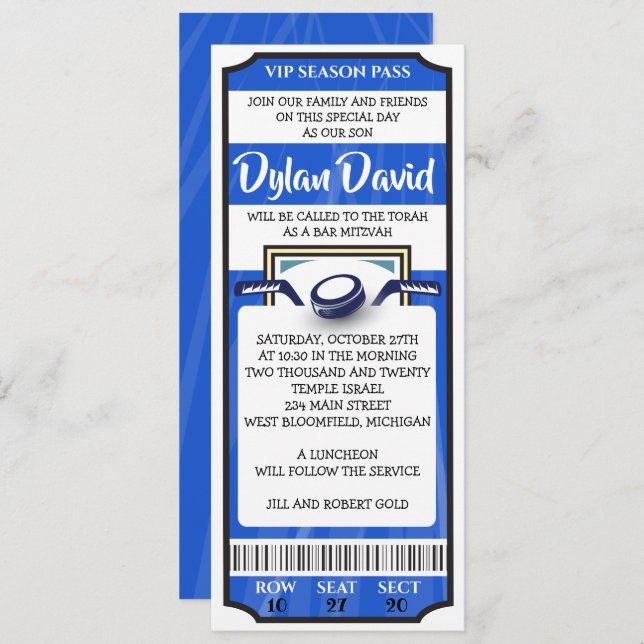 HOCKEY TICKET Bar Bat Mitzvah Invitation (Front/Back)