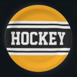HOCKEY Yellow Orange Black White Racing Stripes Paper Plate<br><div class="desc">This sporty,  athletic design features bold HOCKEY text inside a highlighted wide black stripe with double white racing stripes against bright golden yellow orange background.   The text and colours in this design can be personalised.</div>