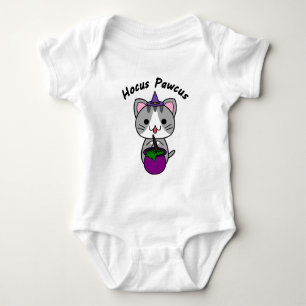 Hocus Pawcus - Grey Tabby Cat - Black Writing Baby Bodysuit