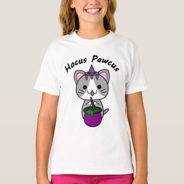 Hocus Pawcus - Grey Tabby Cat - Black Writing T-Shirt (Front)