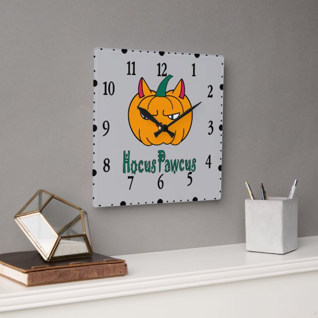 Hocus pawcus Halloween pumpkin ginger cat magic Square Wall Clock (Office)