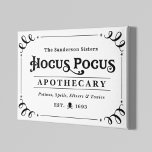 Hocus Pocus Apothecary Black and White Halloween Canvas Print<br><div class="desc">Welcome your guests with this spooky fun Halloween canvas wall art. The stylish typography design features "The Sanderson Sisters Hocus Pocus Apothecary - Potions,  Spells,  Elixers & Tonics" wording. The black and white design is accented with scrolls,  a scull and crossbones,  and star elements.</div>