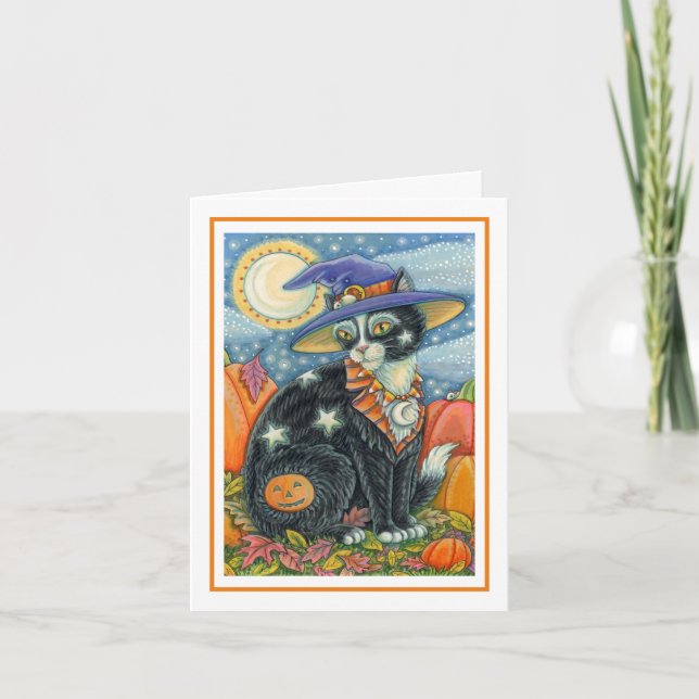 HOCUS POCUS BLACK CAT WITCH & MOUSE HALLOWEEN HOLIDAY CARD (Front)