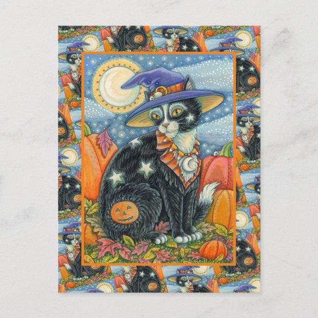HOCUS POCUS BLACK CAT WITCH & MOUSE HALLOWEEN HOLIDAY POSTCARD (Front)