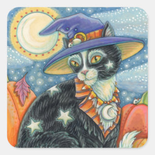 HOCUS POCUS BLACK CAT WITCH & MOUSE HALLOWEEN SQUARE STICKER