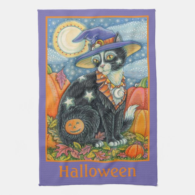 HOCUS POCUS BLACK CAT WITCH & MOUSE HALLOWEEN TEA TOWEL (Vertical)