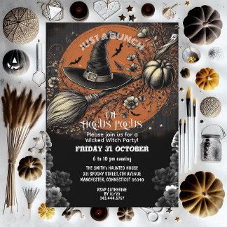 Hocus Pocus Broom Hat Vintage Wicked Witch Party Invitation