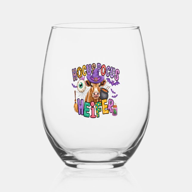 Hocus Pocus Heifer Halloween Cow Stemless Wine Glass (Front)