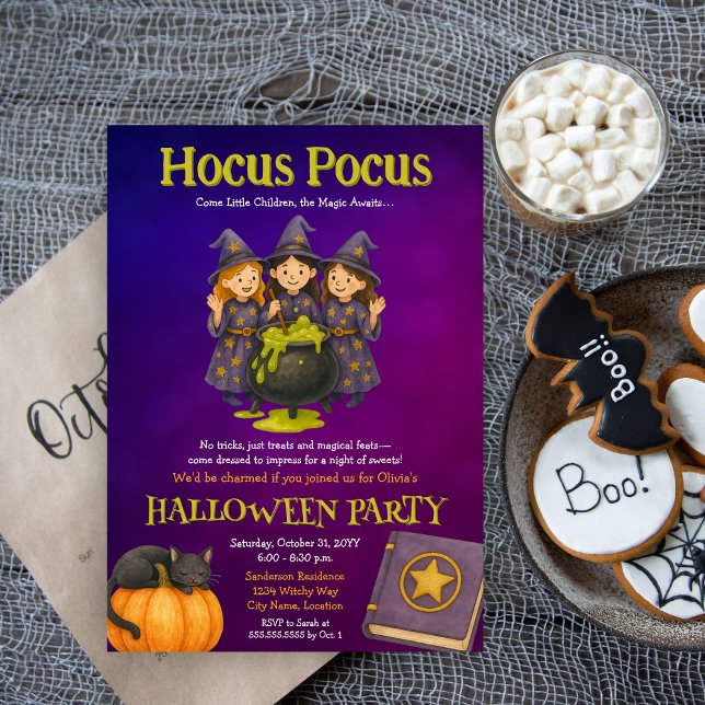 Hocus Pocus Kids Halloween Party Invitation (Fun witches Halloween costume party invitation for kids)